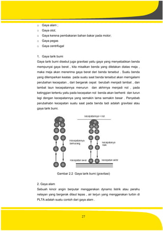 27
o Gaya alam ;
o Gaya otot;
o Gaya kerena pembakaran bahan bakar pada motor;
o Gaya pegas
o Gaya centrifugal
1. Gaya tarik bumi
Gaya tarik bumi disebut juga gravitasi yaitu gaya yang menyebabkan benda
mempunyai gaya berat , kita misalkan benda yang diletakan diatas meja ,
maka meja akan menerima gaya berat dari benda tersebut . Suatu benda
yang dilemparkan keatas pada suatu saat benda tersebut akan merngalami
perubahan kecepatan , dari bergerak cepat berubah menjadi lambat , dan
lambat laun kecepatannya menurun dan akhirnya menjadi nol , pada
ketinggian tertentu yaitu pada kecepatan nol benda akan berhenti dan turun
lagi dengan kecepatannya yang semakin lama semakin besar . Penyebab
perubahabn kecepatan suatu saat pada benda tadi adalah gravitasi atau
gaya tarik bumi.
Gambar 2.2 Gaya tarik bumi (gravitasi)
2. Gaya alam
Sebuah kincir angin berputar menggerakan dynamo listrik atau perahu
nelayan yang bergerak dilaut lepas , air terjun yang menggerakan turbin di
PLTA adalah suatu contoh dari gaya alam .
 