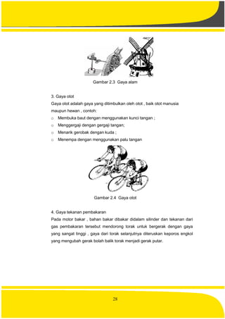 28
Gambar 2.3 Gaya alam
3. Gaya otot
Gaya otot adalah gaya yang ditimbulkan oleh otot , baik otot manusia
maupun hewan , contoh:
o Membuka baut dengan menggunakan kunci tangan ;
o Menggergaji dengan gergaji tangan;
o Menarik gerobak dengan kuda ;
o Menempa dengan menggunakan palu tangan
Gambar 2.4 Gaya otot
4. Gaya tekanan pembakaran
Pada motor bakar , bahan bakar dibakar didalam silinder dan tekanan dari
gas pembakaran tersebut mendorong torak untuk bergerak dengan gaya
yang sangat tinggi , gaya dari torak selanjutnya diteruskan keporos engkol
yang mengubah gerak bolah balik torak menjadi gerak putar.
 