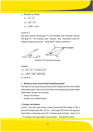 39
b. Menghitung resultan :
22
QPR 
22
3040 R
2500R = 50 N
Contoh 2.5:
Dua gaya masing masing gaya F1= 50 N dengan arah mendatar kekanan
dan gaya F2 = 40 N dengan arah kekanan atas membentuk sudut 30o
terhadap gaya yang lainnya , lihat gambar ! Hitung resultannya . :
Gambar 2.25 Resultan dua gaya
Jawaban :
o
CosR 30.40.50.24050 22

866,0.400016002500 R
R = 86,97 N
f. Menyusun Gaya Yang Terletak Pada Bidang Datar
Jika ada dua buah gaya yang mempunyai titik tangkap berlainan dan terletak
pada bidang datar maka untuk menentukan titik tangkap gaya tersebut dapat
dilaksanakan dengan dua cara yaitu :
o dengan cara lukisan .
o dengan cara analisa/hitungan
1. Dengan cara lukisan
Contoh : Dua buah gaya masing masing mempunyai titik tangkap di titik A
dan titik B dengan jarak AB = 60 Cm , besar gaya P=8 N dan arah gayanya
kekiri bawah membentuk sudut 120 o
terhadap garis mendatar , Gaya Q= 2
3 N dengan arah gaya tegak lurus ke bawah , lihat gambar berikut :
 
