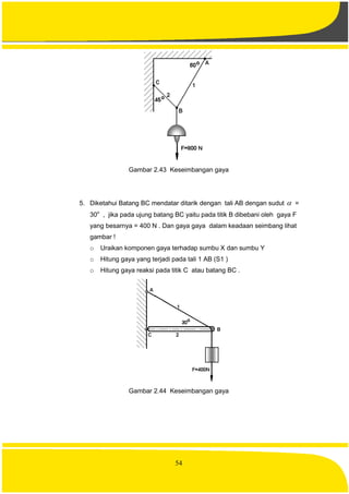 54
Gambar 2.43 Keseimbangan gaya
5. Diketahui Batang BC mendatar ditarik dengan tali AB dengan sudut  =
30o
, jika pada ujung batang BC yaitu pada titik B dibebani oleh gaya F
yang besarnya = 400 N . Dan gaya gaya dalam keadaan seimbang lihat
gambar !
o Uraikan komponen gaya terhadap sumbu X dan sumbu Y
o Hitung gaya yang terjadi pada tali 1 AB (S1 )
o Hitung gaya reaksi pada titik C atau batang BC .
Gambar 2.44 Keseimbangan gaya
 