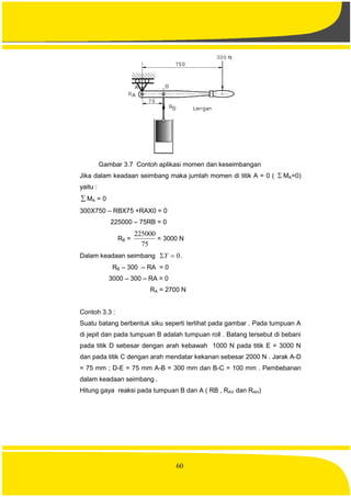 60
Gambar 3.7 Contoh aplikasi momen dan keseimbangan
Jika dalam keadaan seimbang maka jumlah momen di titik A = 0 (  MA=0)
yaitu :
 MA = 0
300X750 – RBX75 +RAX0 = 0
225000 – 75RB = 0
RB =
75
225000
= 3000 N
Dalam keadaan seimbang 0Y .
RB – 300 – RA = 0
3000 – 300 – RA = 0
RA = 2700 N
Contoh 3.3 :
Suatu batang berbentuk siku seperti terlihat pada gambar . Pada tumpuan A
di jepit dan pada tumpuan B adalah tumpuan roll . Batang tersebut di bebani
pada titik D sebesar dengan arah kebawah 1000 N pada titik E = 3000 N
dan pada titik C dengan arah mendatar kekanan sebesar 2000 N . Jarak A-D
= 75 mm ; D-E = 75 mm A-B = 300 mm dan B-C = 100 mm . Pembebanan
dalam keadaan seimbang .
Hitung gaya reaksi pada tumpuan B dan A ( RB , RAV dan RAH)
 