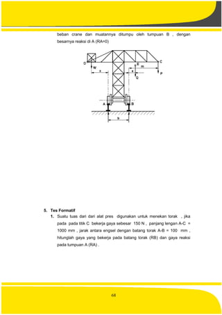 68
beban crane dan muatannya ditumpu oleh tumpuan B , dengan
besarnya reaksi di A (RA=0)
5. Tes Formatif
1. Suatu tuas dari dari alat pres digunakan untuk menekan torak , jika
pada pada titik C bekerja gaya sebesar 150 N , panjang lengan A-C =
1000 mm , jarak antara engsel dengan batang torak A-B = 100 mm ,
hitunglah gaya yang bekerja pada batang torak (RB) dan gaya reaksi
pada tumpuan A (RA) .
 