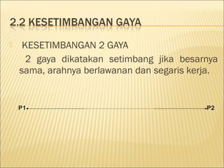     KESETIMBANGAN 2 GAYA
      2 gaya dikatakan setimbang jika besarnya
    sama, arahnya berlawanan dan segaris kerja.


    P1                                      P2
 