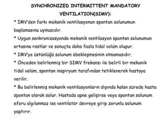 SYNCHRONIZED INTERMITTENT MANDATORY
VENTILATION(SIMV):
* IMV’den farkı mekanik ventilasyonun spontan solunumun
başlamasına uymasıdır.
* Uygun senkronizasyonda mekanik ventilasyon spontan solunumun
ortasına rastlar ve sonuçta daha fazla tidal volüm oluşur.
* IMV’ye üstünlüğü solunum öbekleşmesinin olmamasıdır.
* Önceden belirlenmiş bir SIMV frekansı ile belirli bir mekanik
tidal volüm, spontan inspiryum tarafından tetiklenerek hastaya
verilir.
* Bu belirlenmiş mekanik ventilasyonların dışında kalan sürede hasta
spontan olarak solur. Hastada apne gelişirse veya spontan solunum
eforu algılanmaz ise ventilatör devreye girip zorunlu solunum
yaptırır.
 