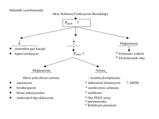 Mekanik ventilasyonda
Akut Solunum Fonksiyonu Bozukluğu
  Değişmemiş
 sistemden gaz kaçağı
 hiperventilasyon Pplato ? * Pulmoner emboli
* Ekstratorasik olay
Değişmemiş Artmış
-Hava yolu direnci artmış: - Azalmış kompliyans:
 aspirasyon * abdominal distansiyon * ARDS
 bronkospazm * asenkronize solunum
 bronş sekresyonları * atelektazi
 endotrakel tüp oklüzyonu * Oto PEEP artışı
* pnomotoraks
* Kötüleşen pnomoni
Ppeak ?
 