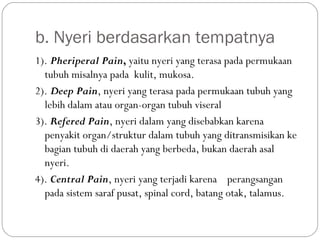 b. Nyeri berdasarkan tempatnya
1). Pheriperal Pain, yaitu nyeri yang terasa pada permukaan
tubuh misalnya pada kulit, mukosa.
2). Deep Pain, nyeri yang terasa pada permukaan tubuh yang
lebih dalam atau organ-organ tubuh viseral
3). Refered Pain, nyeri dalam yang disebabkan karena
penyakit organ/struktur dalam tubuh yang ditransmisikan ke
bagian tubuh di daerah yang berbeda, bukan daerah asal
nyeri.
4). Central Pain, nyeri yang terjadi karena perangsangan
pada sistem saraf pusat, spinal cord, batang otak, talamus.

 