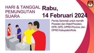 3
HARI & TANGGAL
PEMUNGUTAN
SUARA
Rabu,
14 Februari 2024
Pemilu Serentak untuk memilih
Presiden dan Wakil Presiden,
DPR, DPD, DPRD Provinsi, dan
DPRD Kabupaten/Kota
 