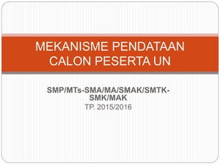SMP/MTs-SMA/MA/SMAK/SMTK-
SMK/MAK
TP. 2015/2016
MEKANISME PENDATAAN
CALON PESERTA UN
 