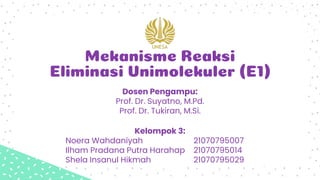 Mekanisme Reaksi
Eliminasi Unimolekuler (E1)
Kelompok 3:
Noera Wahdaniyah 21070795007
Ilham Pradana Putra Harahap 21070795014
Shela Insanul Hikmah 21070795029
Dosen Pengampu:
Prof. Dr. Suyatno, M.Pd.
Prof. Dr. Tukiran, M.Si.
 