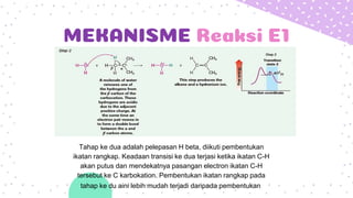 MEKANISME Reaksi E1
Tahap ke dua adalah pelepasan H beta, diikuti pembentukan
ikatan rangkap. Keadaan transisi ke dua terjasi ketika ikatan C-H
akan putus dan mendekatnya pasangan electron ikatan C-H
tersebut ke C karbokation. Pembentukan ikatan rangkap pada
tahap ke du aini lebih mudah terjadi daripada pembentukan
 
