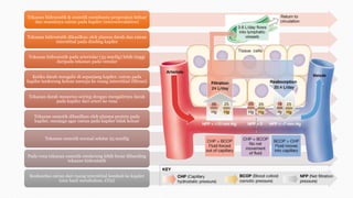 Tekanan hidrostatik & osmotik membantu pergerakan keluar
dan masuknya cairan pada kapiler (microcirculation)
Tekanan hidrostatik dihasilkan oleh plasma darah dan cairan
interstitial pada dinding kapiler
Tekanan hidrostatik pada arteriolar (35 mmHg) lebih tinggi
daripada tekanan pada venular
Ketika darah mengalir di sepanjang kapiler, cairan pada
kapiler terdorong keluar menuju ke ruang interstitial (filtrasi)
Tekanan darah menurun seiring dengan mengalirnya darah
pada kapiler dari arteri ke vena
Tekanan osmotik dihasilkan oleh plasma protein pada
kapiler, menjaga agar cairan pada kapiler tidak keluar
Tekanan osmotik normal sekitar 25 mmHg
Pada vena tekanan osmotik cenderung lebih besar dibanding
tekanan hidrostatik
Reabsorbsi cairan dari ruang interstitial kembali ke kapiler
(sisa hasil metabolism, CO2)
 