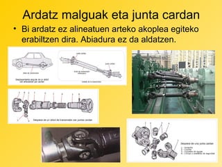 Ardatz malguak eta junta cardan
• Bi ardatz ez alineatuen arteko akoplea egiteko
erabiltzen dira. Abiadura ez da aldatzen.

 