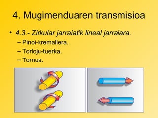 4. Mugimenduaren transmisioa
• 4.3.- Zirkular jarraiatik lineal jarraiara.
– Pinoi-kremallera.
– Torloju-tuerka.
– Tornua.

 