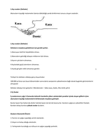 1
3
1.Kıyı ovaları (Deltalar)
Akarsuların taşıdığı malzemeleri denize döküldüğü yerde biriktirmesi sonucu oluşan ovalardır.
1.Kıyı ovaları (Deltalar)
Deltaların meydana gelebilmesi için gerekli şartlar;
1.Akarsuyun belli bir büyüklükte olması.
2.Akarsuların getirdiği alüvyon miktarının bol olması.
3.Kıyının çok derin olmaması.
4.Kıyılardaki güçlü akıntıların olmaması.
5.Kıyıda gel-gitin etkili olmaması gerekir.
Türkiye’nin deltaları oldukça genç oluşumludur
100.000 yıl önce son buzul döneminden sonra deniz seviyesinin yükselmesine bağlı olarak bugünkü görünümlerini
almışlardır
Deltalar oldukça hızlı gelişirler ( Menderesler – Söke ovası, Gediz, Efes Antik şehri)
2-İç Ovalar
İç ovalarımızın çoğu 3.Zamanda tektonik hareketle çöken sahalardaki çanaklar içinde oluşan göllerin içine
akarsuların taşıdığı malzemelerin birikmesiyle meydana gelmiştir.
Bunlar bazen fay hatlarında diziler halinde bazen de tek tek bulunurlar. Bunların çoğunun yükseltileri fazladır.
Bundan dolayı bunlara yüksek ovalar da denir.
Ovaların Ekonomik Önemi:
1.Tarımın en yoğun yapıldığı verimli alanlardır.
2.Ulaşım en kolay olduğu alanlardır.
3. Yerleşmeler kurulduğu ve nüfusun en yoğun yaşadığı yerlerdir.
 