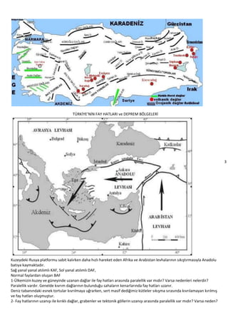 3
TÜRKİYE’NİN FAY HATLARI ve DEPREM BÖLGELERİ
Kuzeydeki Rusya platformu sabit kalırken daha hızlı hareket eden Afrika ve Arabistan levhalarının sıkıştırmasıyla Anadolu
batıya kaymaktadır.
Sağ yanal yanal atılımlı KAF, Sol yanal atılımlı DAF,
Normal faylardan oluşan BAF
1-Ülkemizin kuzey ve güneyinde uzanan dağlar ile fay hatları arasında paralellik var mıdır? Varsa nedenleri nelerdir?
Paralellik vardır. Genelde kıvrım dağlarının bulunduğu sahaların kenarlarında fay hatları uzanır.
Deniz tabanındaki esnek tortular kıvrılmaya uğrarken, sert masif dediğimiz kütleler sıkışma sırasında kıvrılamayan kırılmış
ve fay hatları oluşmuştur.
2- Fay hatlarının uzanışı ile kırıklı dağlar, grabenler ve tektonik göllerin uzanışı arasında paralellik var mıdır? Varsa neden?
 