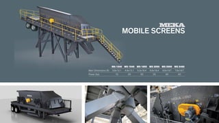 MOBILE SCREENS
	 MS 1240 	 MS 1540 	 MS 1650 	 MS 2050 	 MS 2060 	 MS 2460
Main Dimensions (ft) 	 3.9x13.1	 4.9x13.1	 5.3x16.4	 6.6x16.4	 6.6x19.7	 7.9x19.7
Power (hp) 	 10 	 20 	 20 	 25 	 30 	 40
 