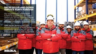 SALES GO UP AND DOWN
SERVICE STAYS FOREVER
Our experienced service team
is here to support you no matter
where you are located. Around 40
supervisors are ready to be on your
sitewithin the shortest possible time
.
Wide spare parts stocks and
trained personnel in many locations
worldwide will ensure you get the
fastest support for your equipment.
 