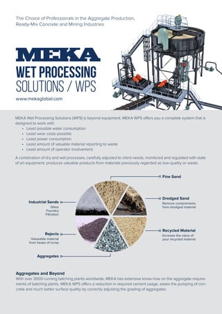 Grafik Tasarım
Visual Communication Design.
Graphic Design
Fehmi Soner MAZLUM
fsmazlum@yahoo.com
The Choice of Professionals in the Aggregate Production,
Ready-Mix Concrete and Mining Industries
MEKA Wet Processing Solutions (WPS) is beyond equipment. MEKA WPS offers you a complete system that is
designed to work with:
•	 Least possible water consumption
•	 Least wear costs possible
•	 Least power consumption
•	 Least amount of valuable material reporting to waste
•	 Least amount of operator involvement.
A combination of dry and wet processes, carefully adjusted to client needs, monitored and regulated with state
of art equipment; produces valuable products from materials previously regarded as low-quality or waste.
Aggregates and Beyond
With over 3000 running batching plants worldwide, MEKA has extensive know-how on the aggregate require-
ments of batching plants. MEKA WPS offers a reduction in required cement usage, eases the pumping of con-
crete and much better surface quality by correctly adjusting the grading of aggregates.
WET PROCESSING
SOLUTIONS / WPS
www.mekaglobal.com
Fine Sand
Aggregates
Dredged Sand
Remove contaminants
from dredged material
Recycled Material
Increase the value of
your recycled material
Rejects
Valueable material
from heaps of scrap
Industrial Sands
Glass
Foundry
Filtration
 