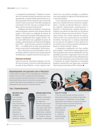 66 WWW.MUSICAEMERCADO.COM.BR
Mercado Novas Empresas
Beyerdynamic em parceria com a PlayTech
Empresa alemã, fundada em 1924, especializada em microfones,
wireless, fones de ouvido e sistemas de audioconferência.
Embora os produtos da empresa já fossem comercializados no
Brasil anteriormente, este ano a marca fechou parceria com
a rede de lojas PlayTech para estabelecer nova estratégia de
distribuição de seus produtos no mercado nacional.
Top 3 Beyerdynamic
consagradas mundialmente. “O objetivo é consoli-
dar-se no mercado nacional nos próximos cinco anos,
aproveitando as oportunidades apresentadas em ra-
zão dos grandes eventos esportivos que acontecerão
no País”, conta. E acrescenta: “Para 2012 a projeção de
crescimento é de 75%, visto que a aceitação dos pro-
dutos está em crescimento exponencial”.
Ampliação das linhas de produtos e extensão das
linhas de produtos existentes. Para alcançar meta tão
ousada, a SXA aposta na ampliação do número de
PDVs e na parceria com lojistas, oferecendo preço com-
petitivo e possibilitando boas margens de lucro. “En-
tre nossos diferenciais está a agilidade nos prazos de
entrega, o desenvolvimento de material de divulgação
para o PDV — já previsto para o primeiro trimestre de
2012 — e o trabalho junto às redes sociais para disse-
minar a marca entre os consumidores”, afirma Zauza.
Hoje a SXA possui cerca de 50 produtos, entre so-
norizaçãoambientee lifestyle,masaempresajáprevê
novidades para o segundo semestre do ano que vem.
Parceria no Brasil
Após três anos de crescimento expressivo nas ven-
das dos microfones e fones de ouvido Beyerdynamic
na rede de lojas PlayTech, as duas empresas deci-
diram fazer uma aliança estratégica e estabelecer
uma nova unidade de negócios de distribuição para
o mercado brasileiro.
A nova operação, que teve seu início em março
deste ano, trabalha de forma totalmente indepen-
dente e é gerida por Marcelo Maurano e Alexan-
dre Algranti, representando, respectivamente, a
PlayTech e a Beyerdynamic. Segundo Maurano, a
mudança nos planos da fabricante de microfones
no Brasil se deu por uma soma de fatores. “Os prin-
cipais motivos são o ótimo momento da empresa
alemã em 2011, com o lançamento de sua linha de
microfones Touring Gear; a confiança depositada
em seu parceiro de negócios no País; além do óti-
mo momento da economia e grande visibilidade do
Brasil no cenário mundial”, explica.
O empresário complementa com boas notícias
para os lojistas: “Vamos oferecer ótimas opções nas li-
nhas de produtos que estamos trabalhando, com alta
qualidade, preço justo e negociações claras com cada
cliente. Temos como premissa tornar a Beyerdynamic
uma das mais tradicionais marcas de fones de ouvido
e microfones do mundo, disponível ao consumidor
brasileiro, fazendo dela uma opção justa e favorável
dentro das que temos hoje no País”, concluiu. 
MicrofoneOpusTGV96c
É um microfone
cardioide condensador,
com uma reprodução
ﬁel. Segundo a
fabricante, até a menor
nuance é reproduzida
com clareza, além de ter
um design soﬁsticado.
Padrão polar: cardioide.
Resposta de frequência:
20 – 20.000 Hz. Tipo de
transdutor: condensador.
Microfone Opus
TG V30d S
É um microfone
supercardioide
de entrada de
linha, mantendo a
ﬁdelidade e a clareza.
Padrão polar:
supercardioide.
Resposta de
frequência: 30 –
15.000 Hz. Tipo de
transdutor: dinâmico.
Fone DT 770 PRO
O fone de ouvido fechado promete conforto e
desempenho perfeito para estúdios de gravação,
pós-produção ou radiodifusão. Traz tecnologia
‘Bass Reﬂex’ para melhorar a resposta de graves.
Construção robusta e de fácil manutenção,
com todas as peças substituíveis.
Impedância: 250
ohms. Resposta
de frequência:
5 – 35.000 Hz.
Nível de pressão
sonora: 96 db.
Microfone Opus
TG V30d S
É um microfone
supercardioide
de entrada de
linha, mantendo a
ﬁdelidade e a clareza.
Padrão polar:
supercardioide.
Resposta de
frequência: 30 –
15.000 Hz. Tipo de
transdutor: dinâmico.
MicrofoneOpusTGV96c
É um microfone
cardioide condensador,
com uma reprodução
ﬁel. Segundo a
fabricante, até a menor
nuance é reproduzida
com clareza, além de ter
um design soﬁsticado.
Padrão polar: cardioide.
Resposta de frequência:
20 – 20.000 Hz. Tipo de
transdutor: condensador.
Raio XRaio X
Beyerdynamic Brasil
Segmento: Microfones, fones de
ouvido, sistemas de conferência
Ano de fundação: 2011
Telefone: (11) 3064-1188
Site: beyerdynamic.com.br
MicrofoneOpusTGV96c Fone DT 770 PROFone DT 770 PROFone DT 770 PRO
Marcelo Maurano
 
