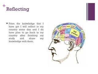 +
    Reflecting

       From the knowledge that I
        have got I will reflect in my
        country some day and I do
        have plan to go back to my
        country after finishing my
        study    and     share     my
        knowledge with them.
 