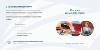 ABOUT MEKMARINE COMPANY
We are a team of professionals. Marine engineering and technical education, extensive
experience i...