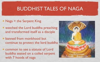 BUDDHIST TALES OF NAGA

Naga = the Serpent King
watched the Lord buddha preaching
and transformed itself as a disciple
banned from monkhood but
continue to protect the lord buddha
common to see a statute of Lord
buddha seated on a coiled serpent
with 7 hoods of naga
 