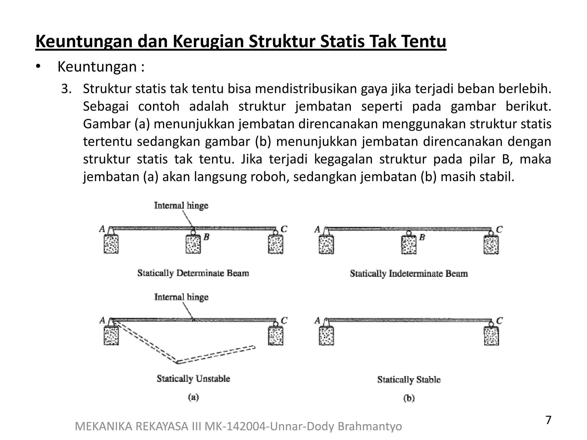 7MEKANIKA REKAYASA III MK-142004-Unnar-Dody Brahmantyo
Keuntungan dan Kerugian Struktur Statis Tak Tentu
• Keuntungan :
3. Struktur statis tak tentu bisa mendistribusikan gaya jika terjadi beban berlebih.
Sebagai contoh adalah struktur jembatan seperti pada gambar berikut.
Gambar (a) menunjukkan jembatan direncanakan menggunakan struktur statis
tertentu sedangkan gambar (b) menunjukkan jembatan direncanakan dengan
struktur statis tak tentu. Jika terjadi kegagalan struktur pada pilar B, maka
jembatan (a) akan langsung roboh, sedangkan jembatan (b) masih stabil.
 