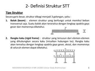 2- Definisi Struktur STT
Tipe Struktur
Secara garis besar, struktur dibagi menjadi 3 golongan, yaitu :
1. Balok (beam) : elemen struktur yang berfungsi untuk memikul beban
transversal saja. Suatu balok akan teranalisa dengan lengkap apabila gaya
geser dan momennya diketahui.
2. Rangka kaku (rigid frame) : struktur yang tersusun dari elemen-elemen
yang dihubungkan secara kaku (misalkan hubungan las). Rangka kaku
akan ternalisa dengan lengkap apabila gaya geser, aksial, dan momennya
di seluruh elemen dapat diketahui.
MEKANIKA REKAYASA III MK-142003-Unnar-Dody Brahmantyo 1
 