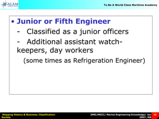 DME/MECC/ Marine Engineering Knowledge/ Jan
2007 /RB
Shipping History & Business: Classification
Society
20
To Be A World Class Maritime Academy
• Junior or Fifth Engineer
- Classified as a junior officers
- Additional assistant watch-
keepers, day workers
(some times as Refrigeration Engineer)
 