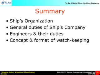 DME/MECC/ Marine Engineering Knowledge/ Jan
2007 /RB
Shipping History & Business: Classification
Society
25
To Be A World Class Maritime Academy
Summary
• Ship’s Organization
• General duties of Ship’s Company
• Engineers & their duties
• Concept & format of watch-keeping
 