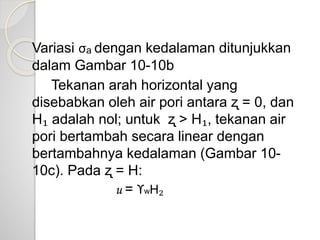 Variasi σₐ dengan kedalaman ditunjukkan
dalam Gambar 10-10b
Tekanan arah horizontal yang
disebabkan oleh air pori antara ʐ = 0, dan
H₁ adalah nol; untuk ʐ > H₁, tekanan air
pori bertambah secara linear dengan
bertambahnya kedalaman (Gambar 10-
10c). Pada ʐ = H:
u = ϒwH₂
 