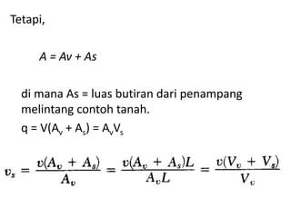 Tetapi,
A = Av + As
di mana As = luas butiran dari penampang
melintang contoh tanah.
q = V(Av + As) = AvVs
 
