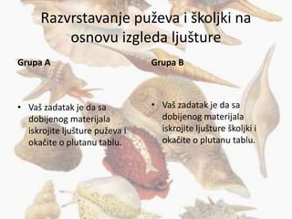Razvrstavanje puževa i školjki na
osnovu izgleda ljušture
Grupa A
• Vaš zadatak je da sa
dobijenog materijala
iskrojite ljušture puževa i
okačite o plutanu tablu.
Grupa B
• Vaš zadatak je da sa
dobijenog materijala
iskrojite ljušture školjki i
okačite o plutanu tablu.
 