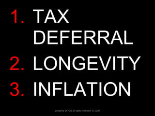 TAX DEFERRAL LONGEVITY INFLATION property of YCIS all rights reserved  © 2008 