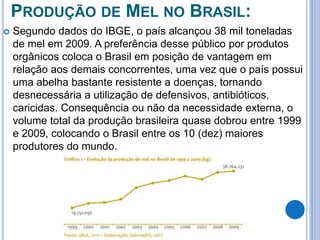 PRODUÇÃO DE MEL NO BRASIL: 
 Segundo dados do IBGE, o país alcançou 38 mil toneladas 
de mel em 2009. A preferência desse público por produtos 
orgânicos coloca o Brasil em posição de vantagem em 
relação aos demais concorrentes, uma vez que o país possui 
uma abelha bastante resistente a doenças, tornando 
desnecessária a utilização de defensivos, antibióticos, 
caricidas. Consequência ou não da necessidade externa, o 
volume total da produção brasileira quase dobrou entre 1999 
e 2009, colocando o Brasil entre os 10 (dez) maiores 
produtores do mundo. 
 