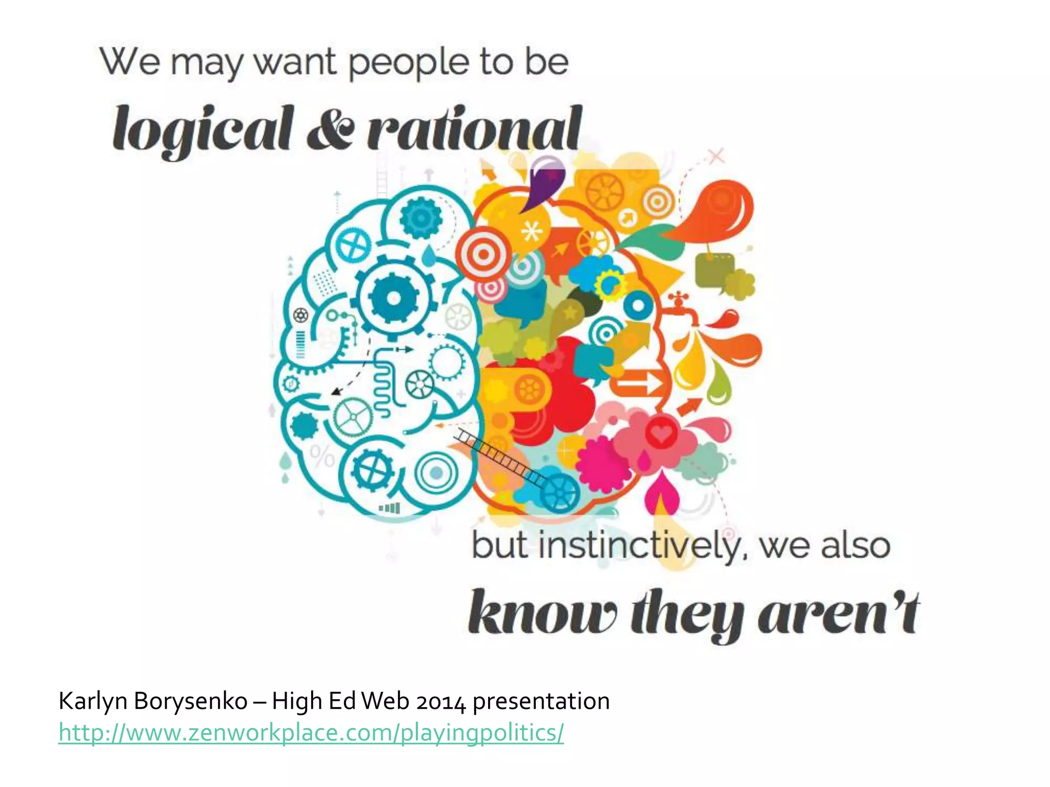Karlyn Borysenko – High EdWeb 2014 presentation
http://www.zenworkplace.com/playingpolitics/
 