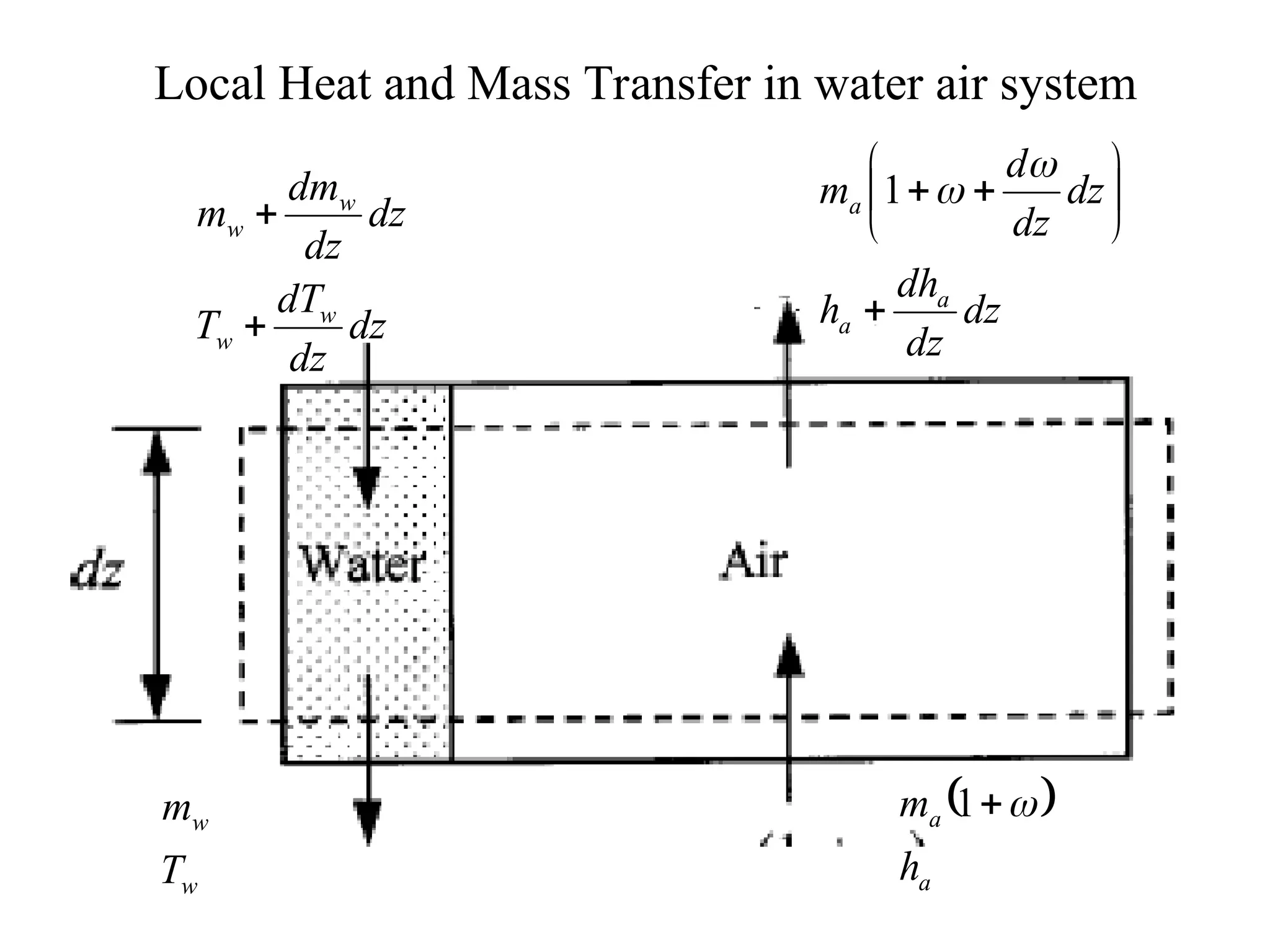 Local Heat and Mass Transfer in water air system
dz
dz
dT
T
dz
dz
dm
m
w
w
w
w


w
w
T
m
dz
dz
dh
h
dz
dz
d
m
a
a
a











1
 
a
a
h
m 

1
 