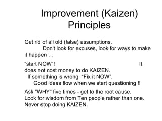 Improvement (Kaizen)
Principles
Get rid of all old (false) assumptions.
Don't look for excuses, look for ways to make
it happen . .
“start NOW”! It
does not cost money to do KAIZEN.
If something is wrong “Fix it NOW”.
Good ideas flow when we start questioning !!
Ask "WHY" five times - get to the root cause.
Look for wisdom from Ten people rather than one.
Never stop doing KAIZEN.
 