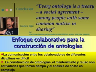 Conclusion “ Every ontology is a treaty  –  a social agreement – among people with some common motive in sharing” Gruber  dijo:    Ref:  http://www.sigsemis.org/newsletter/october2004/tom_gruber_interview_sigsemis   Enfoque colaborativo para la construcción de ontologías La comunicación entre los colaboradores de diferentes diciplinas es difícil La construcción de ontologías, el manteniminto y reuso son actividades que toman tiempo y el análisis de costo es complejo 