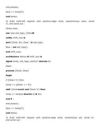 end process;
Sout <= temp(7);
end behav;
2) 8-bit shift-left register with positive-edge clock, asynchronous clear, serial
in, and serial out :
library ieee;
use ieee.std_logic_1164.all;
entity shift_siso is
port (Clock, Sin, Clear : in std_logic;
Sout : out std_logic);
end shift_siso;
architecture behav of shift_siso is
signal temp: std_logic_vector(7 downto 0);
begin
process (Clock, Clear)
begin
if (Clear='1') then
temp <= (others => '0');
elsif (Clock'event and Clock='1') then
temp <= temp(6 downto 0) & Sin;
end if ;
end process;
Sout <= temp(7);
end behav;
3) 8-bit shift-left register with positive-edge clock, synchronous set, serial In,
and serial out :
 