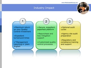 www.MelaCapitalGroup.com




                      Industry Impact




         1                      2                       3
Maximum return         Secure, expedient    Optional audit
on your Quality         paperless platform    cycles
Control investment
                        Repurchase and       Agency site audit
Expedient              loss mitigation       preparation
turnaround times        support
                                              Regulatory and
*Management            Customized quality   compliance training
reporting in ‘plain     control processes     and support
English’
 
