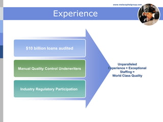 www.melacapitalgroup.com




                   Experience



    $10 billion loans audited


                                            Unparalleled
Manual Quality Control Underwriters   Experience + Exceptional
                                             Staffing =
                                        World Class Quality



 Industry Regulatory Participation
 