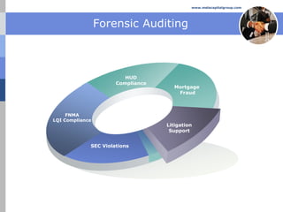 www.melacapitalgroup.com




                 Forensic Auditing



                         HUD
                      Compliance
                                      Mortgage
                                       Fraud



     FNMA
LQI Compliance
                                   Litigation
                                    Support


             SEC Violations
 