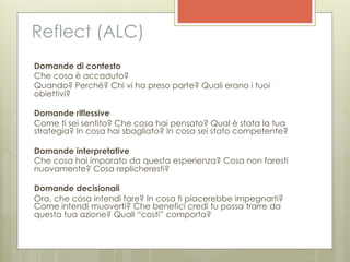 Reflect (ALC)
Domande di contesto
Che cosa è accaduto?
Quando? Perché? Chi vi ha preso parte? Quali erano i tuoi
obiettivi?

Domande riflessive
Come ti sei sentito? Che cosa hai pensato? Qual è stata la tua
strategia? In cosa hai sbagliato? In cosa sei stato competente?

Domande interpretative
Che cosa hai imparato da questa esperienza? Cosa non faresti
nuovamente? Cosa replicheresti?

Domande decisionali
Ora, che cosa intendi fare? In cosa ti piacerebbe impegnarti?
Come intendi muoverti? Che benefici credi tu possa trarre da
questa tua azione? Quali “costi” comporta?
 