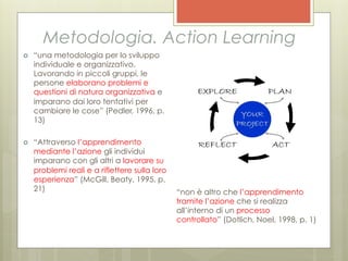 Metodologia. Action Learning
›    “una metodologia per lo sviluppo
      individuale e organizzativo.
      Lavorando in piccoli gruppi, le
      persone elaborano problemi e
      questioni di natura organizzativa e
      imparano dai loro tentativi per
      cambiare le cose” (Pedler, 1996, p.
      13)

›    “Attraverso l’apprendimento
      mediante l’azione gli individui
      imparano con gli altri a lavorare su
      problemi reali e a riflettere sulla loro
      esperienza” (McGill, Beaty, 1995, p.
      21)                                        “non è altro che l’apprendimento
                                                 tramite l’azione che si realizza
                                                 all’interno di un processo
                                                 controllato” (Dotlich, Noel, 1998, p. 1)
 