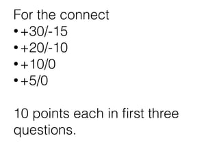 For the connect
•+30/-15
•+20/-10
•+10/0
•+5/0
10 points each in ﬁrst three
questions.
 