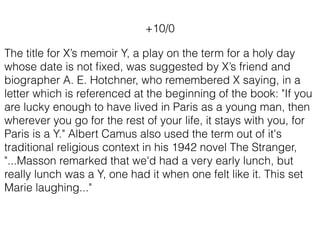 The title for X’s memoir Y, a play on the term for a holy day
whose date is not ﬁxed, was suggested by X’s friend and
biographer A. E. Hotchner, who remembered X saying, in a
letter which is referenced at the beginning of the book: "If you
are lucky enough to have lived in Paris as a young man, then
wherever you go for the rest of your life, it stays with you, for
Paris is a Y." Albert Camus also used the term out of it's
traditional religious context in his 1942 novel The Stranger,
"...Masson remarked that we'd had a very early lunch, but
really lunch was a Y, one had it when one felt like it. This set
Marie laughing..."
+10/0
 