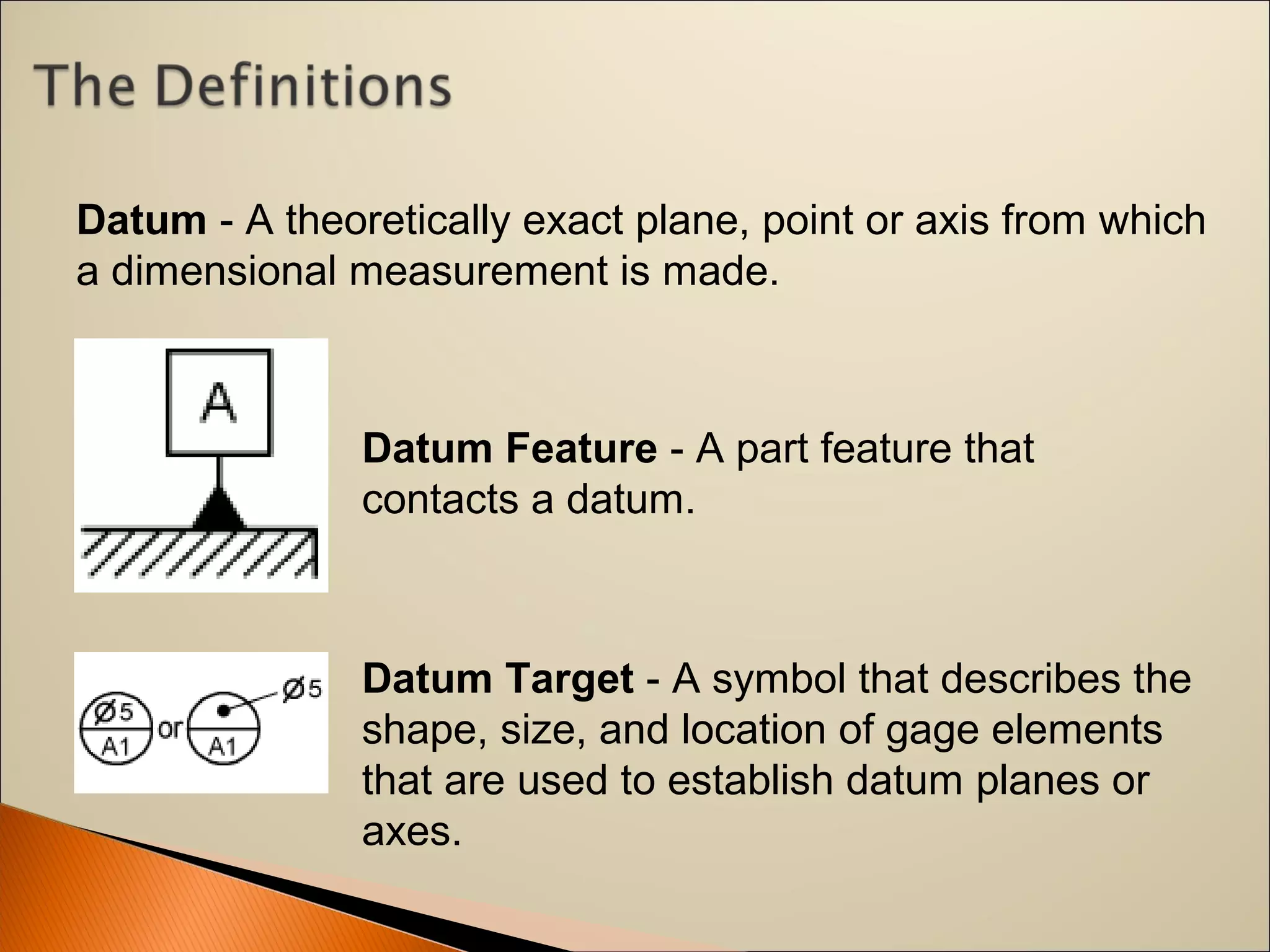 Datum - A theoretically exact plane, point or axis from which 
a dimensional measurement is made.
Datum Feature - A part feature that 
contacts a datum. 
Datum Target - A symbol that describes the 
shape, size, and location of gage elements 
that are used to establish datum planes or 
axes.
 