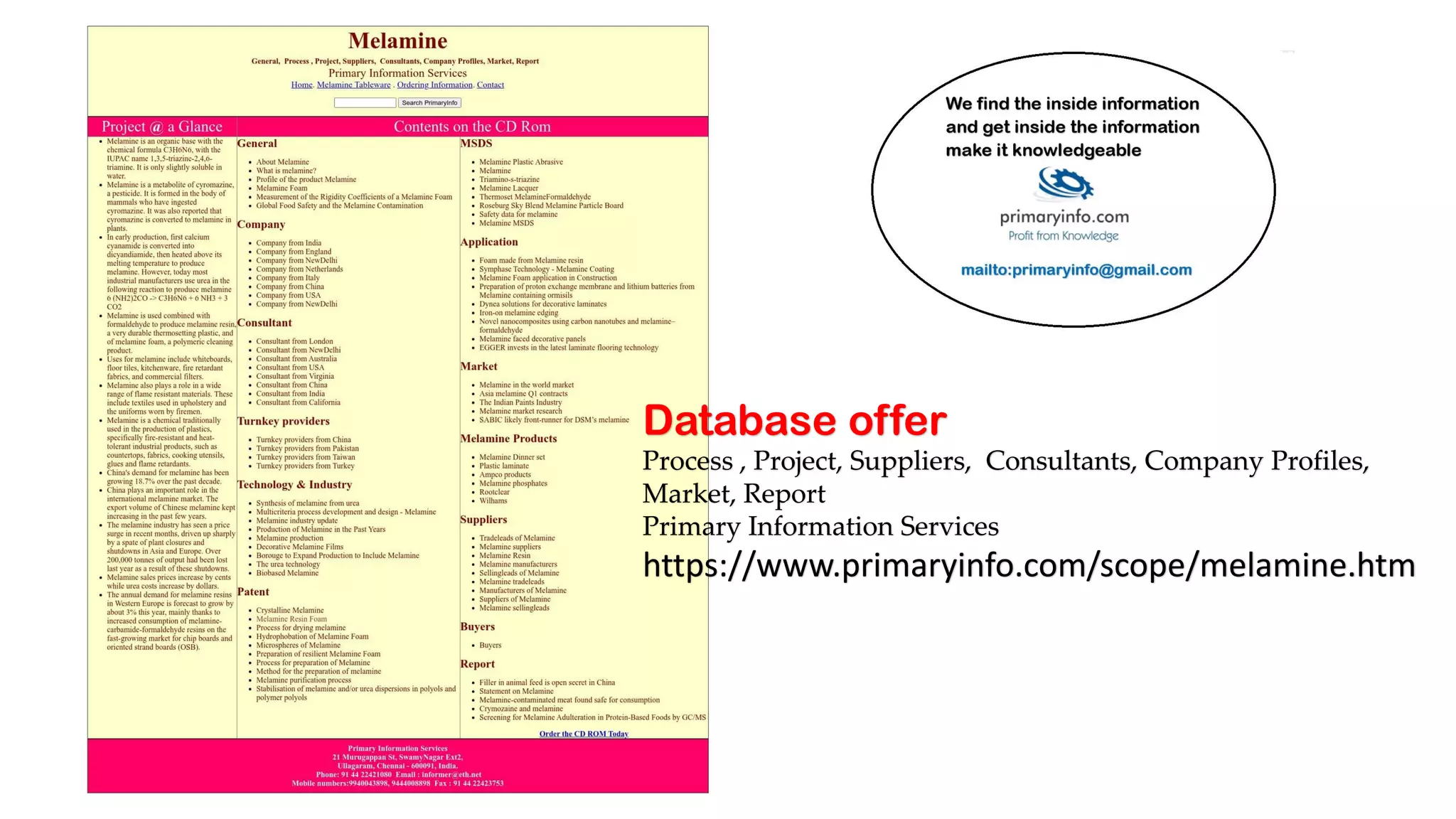 Database offer
Process , Project, Suppliers, Consultants, Company Profiles,
Market, Report
Primary Information Services
https://www.primaryinfo.com/scope/melamine.htm