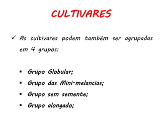  As cultivares podem também ser agrupadas
em 4 grupos:
 Grupo Globular;
 Grupo das Mini-melancias;
 Grupo sem semente;
 Grupo alongado;
CULTIVARES
 